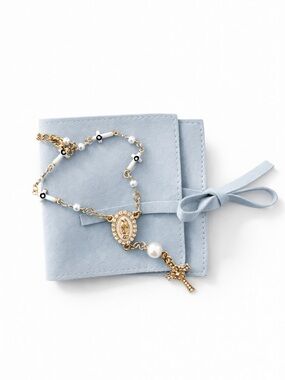 Gold Tone Rosary Style Bracelet Cross Charm Faux Pearl Adjustable
